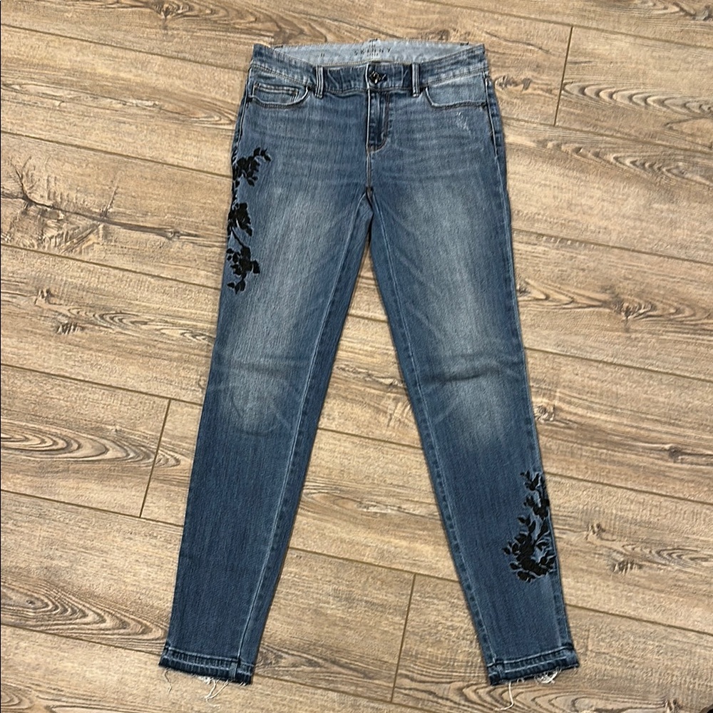 Women's Skinny Ankle Jeans with Black Floral Design